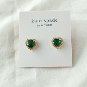 Kate Spade My Love Pavé Heart Emerald Green Gold Stud Earrings